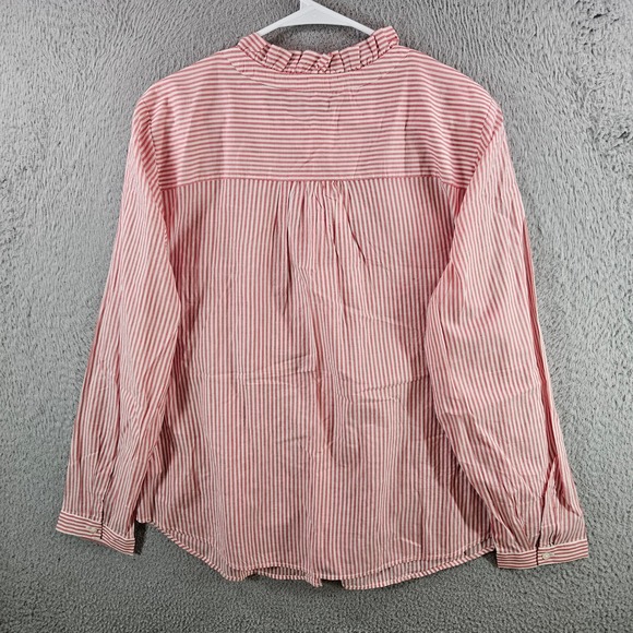 Talbots Womens XL Red White Striped Ruffle Neck Cotton Button Down Shirt Blouse - Picture 7 of 10